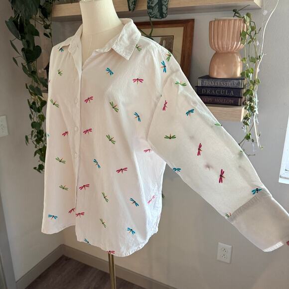 Vintage Casey Coleman Embroidered Dragonfly Button Down Shirt White 1X Cotton - Picture 3 of 7